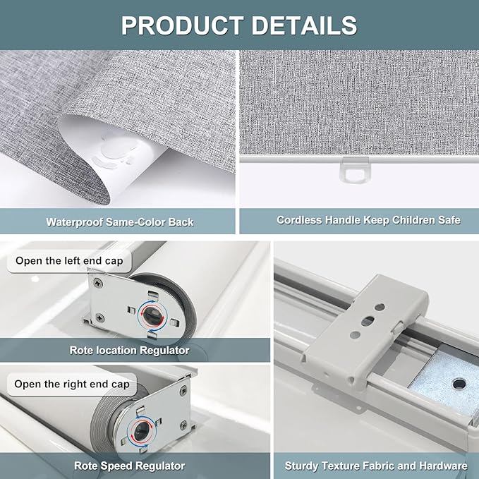 Cordless Roller Shades Blackout Blinds for Windows Room Darkening Rolled Up Shades with Spring System, UV Protection Natural Linen Fabric Window Shades Door Blinds for Home,35" W x 72" H, Heather Grey