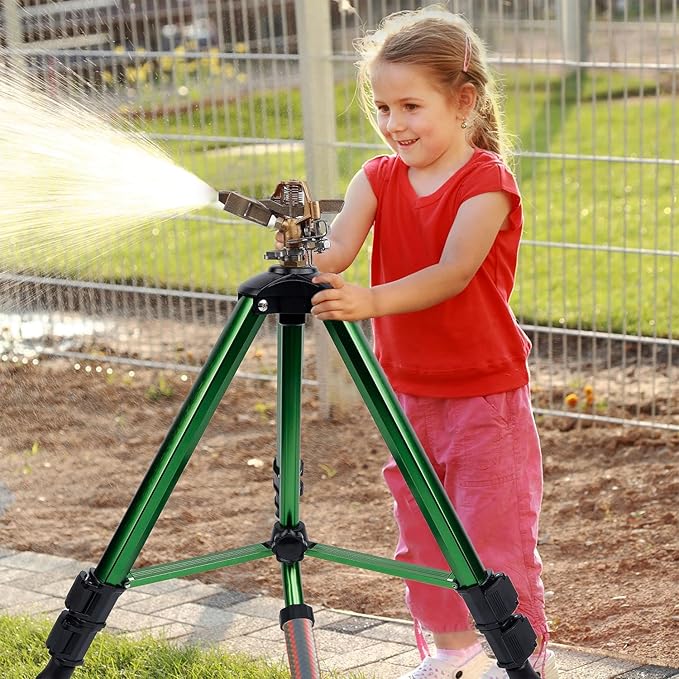 Biswing Impact Sprinkler Head on Tripod Base, Heavy Duty Lawn Sprinklers, 360 Degree Large Area Irrigation, Metal Sprinkler Nozzle & Solid Alloy Metal Extension Legs Flip Locks, 2 Pack