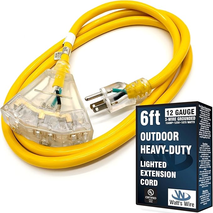 6 ft Outdoor Extension Cord Waterproof - 12 Gauge Heavy Duty Extension Cord Splitter - Lighted Outdoor Extension Cords with Multiple Outlets - Watts Wire - 6' Grounded - extensiones electricas