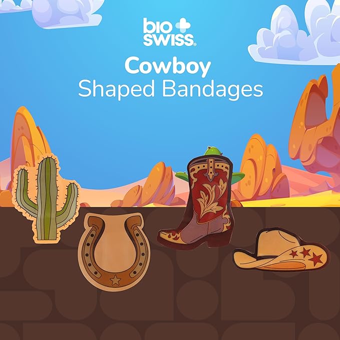 BioSwiss Kids Bandages, Cowboy Shaped Self Adhesive Bandage Set, Latex Free, Sterile Wound Care, 24 Count