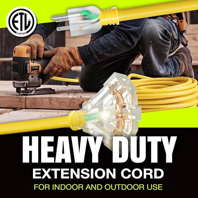 50ft Outdoor/Indoor Extension Cord 3-Outlet 12/3 Gauge Extra Heavy Duty ETL Listed, 3 Prong SJTW, Waterproof, Flexible Cold-Resistant Long Power Cord,15A 125V 1875W, Yellow by LifeSupplyUSA