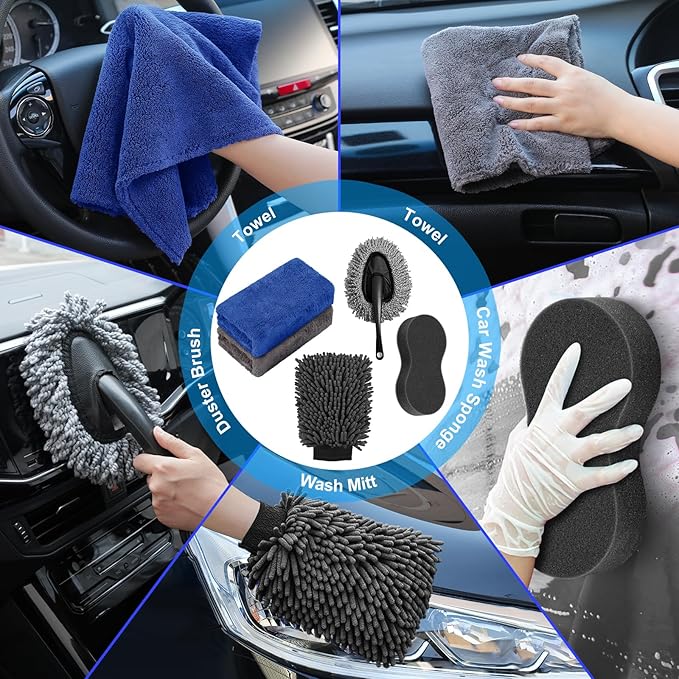 AUTODECO 43Pcs Car Wash Detailing Kit Cleaning Kits with Foam Gun Sprayer Long Handle Mop Car Vacuum Drill Brush Large Wash Mitt Towels Complete Interior Exterior Car Washing Supply Set Blue