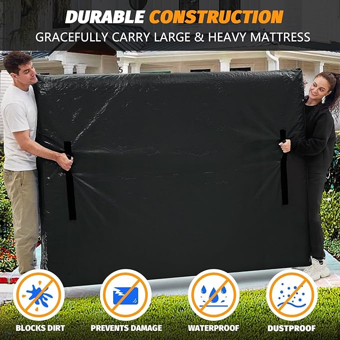 Mattress Bags for Moving, BETU Mattress Protector Waterproof Mattress Cover Full Size Storage Bags with 8 Heavy-Duty Handles and Zipper for Bed Extra Thick Large Reusable (2 Pack, 77"x57"x15" Black)