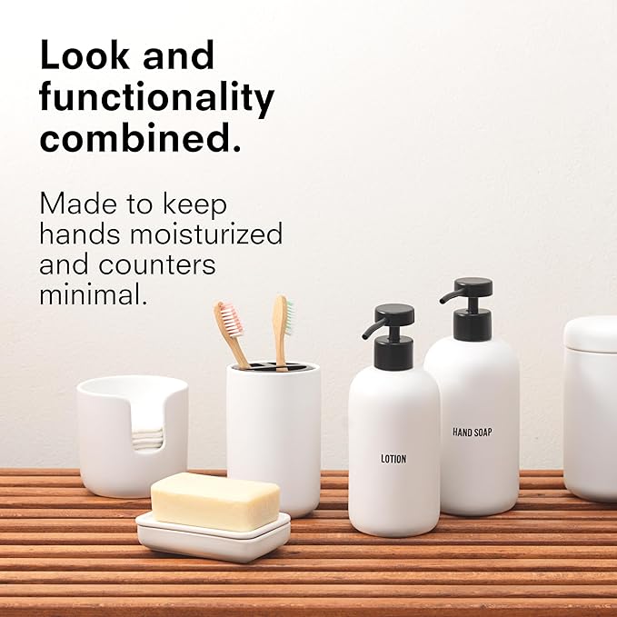 Public Goods Ceramic Lotion Dispenser Pump for Bathroom | Hand & Body Lotion Refill Bottle | Made Stoneware and Black Stainless Steel | 12 Oz Dispenser