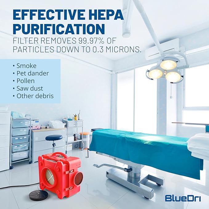 BlueDri Air Shield 550 HEPA Air Scrubber, Water Damage Restoration Equipment Air Purifier, Covers 1400 Sq. Ft, Daisy Chain Capable, For Commercial Use, Red, BD-AS-550