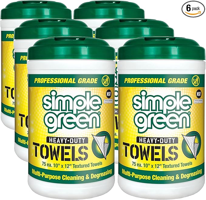 Simple Green Professional Grade Heavy-Duty Cleaning and Degreasing Towels, All-Purpose Cleaning Wipes, 75 count | (Pack of 6)