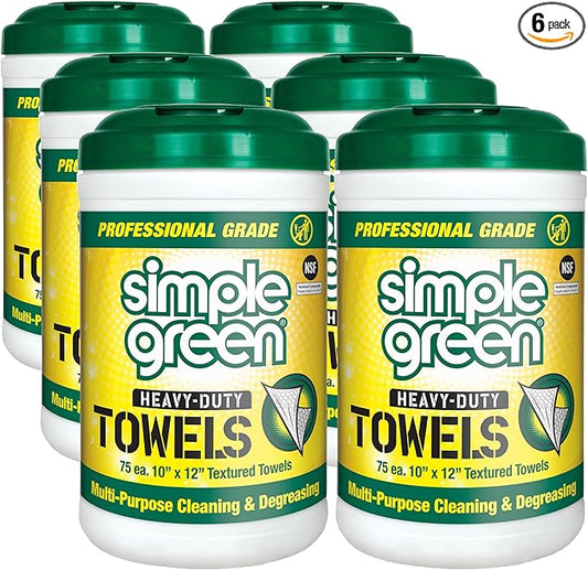 Simple Green Professional Grade Heavy-Duty Cleaning and Degreasing Towels, All-Purpose Cleaning Wipes, 75 count | (Pack of 6)