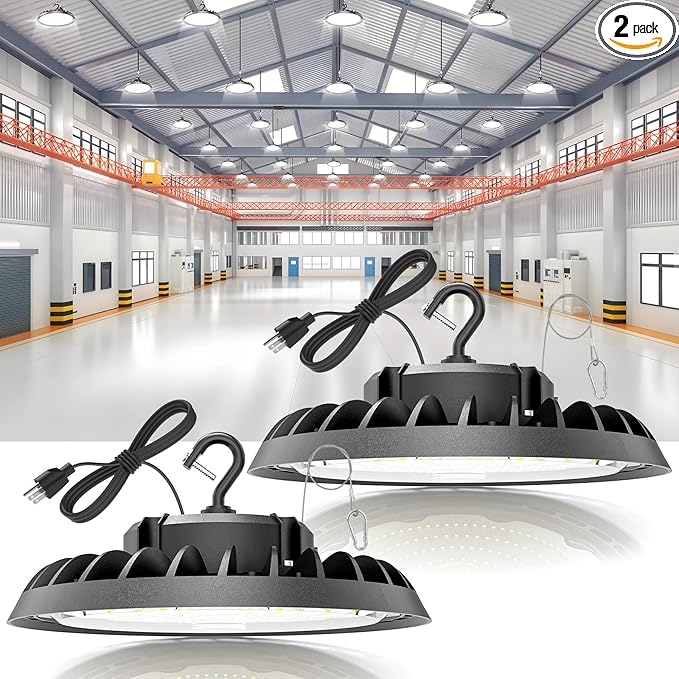VOLISUN 2 Pack UFO Led High Bay Light 22,500LM, 150W, 5000K Daylight, 100-277V High Bay Led Shop Light, ETL Listed Commercial Bay Lighting for Garage Workshop Barn Factory Warehouse
