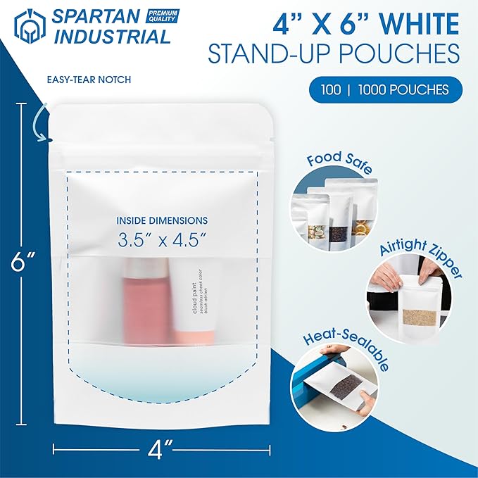 Spartan Industrial - 4" X 6" White Resealable Stand-Up Pouches - Pack of 100 Small Smell-Proof Food Pouch Bags for Packaging, Pet Treats, Cosmetics, and More
