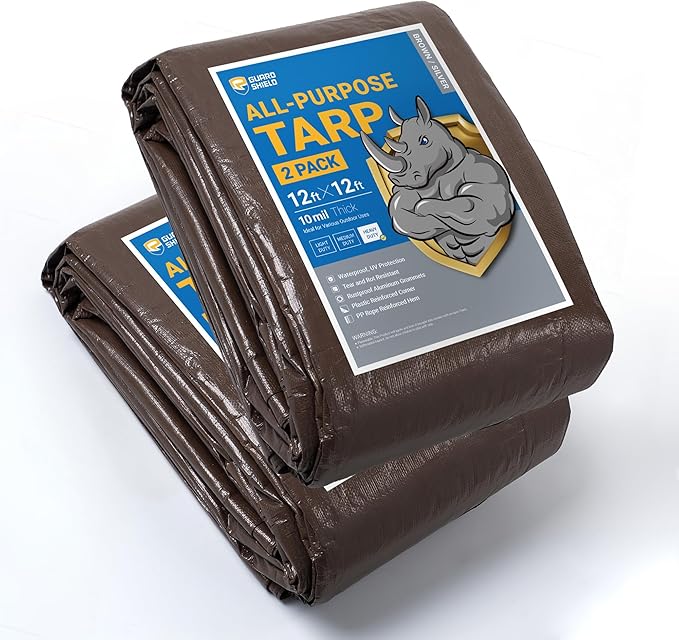GUARD SHIELD Tarps Heavy Duty Waterproof 12x12 Feet Brown/Silver Poly Tarp Cover Outdoor Thick UV Resistant Tarpaulin with Grommets 10mil (2-Pack)