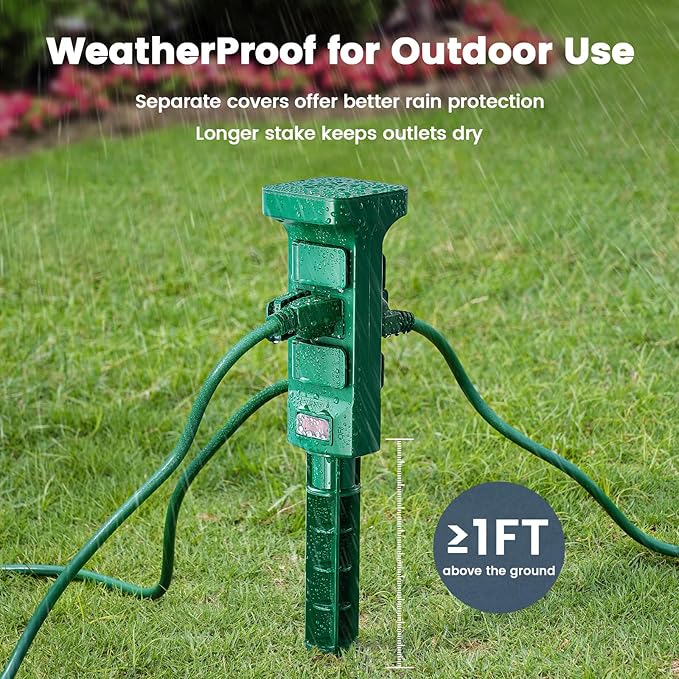 SURAIELEC Outdoor Power Stake Waterproof, 6 Grounded Outlets Power Strip Weatherproof, 25FT Extension Cord Outlet for Yard, Garden, Christmas Light, Patio Lights, 1875W/15A, Green