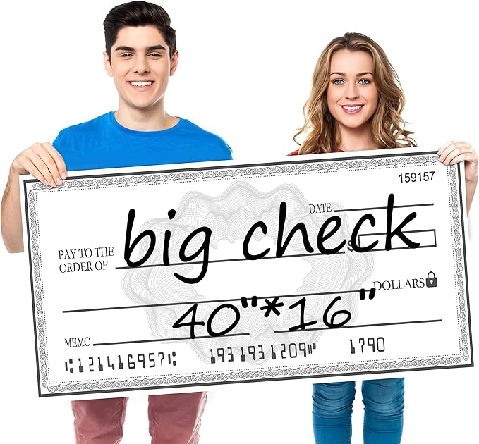 40x16 Inch Big Check Giant Check | Dual-Color Dry Erase Presentation Check | Waterproof Reusable Sign for Charity Events & School Awards with 2 Markers & Guide