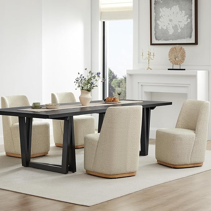 CHITA Upholstered Rolling Dining Chair on Casters Set of 4, FSC Certified Modern Fabric Dining Chair with Casters, Boucle Dining Chairs for Reading Room Waiting Room Kitchen Dining Room, Oatmeal