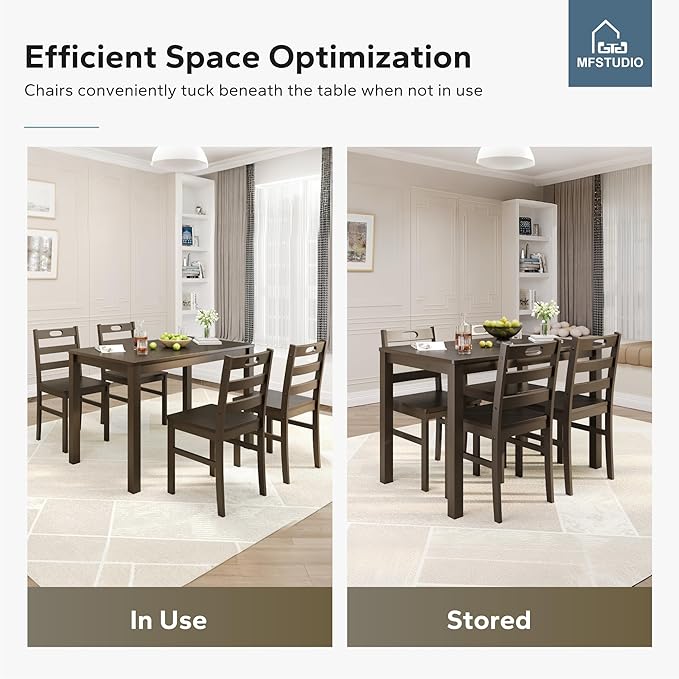MFSTUDIO Dining Table Set for 4, Wood Kitchen Table with Chairs Set, Farmhouse 5 Piece Dining Room Table Set, Space Saving Dinette Set for Breakfast Nook, Apartment(Dark Walnut)