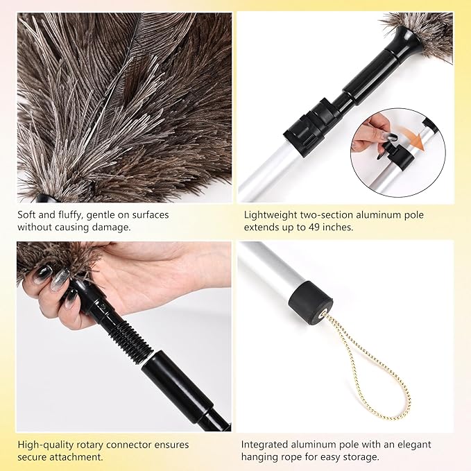 Ostrich Feather Duster 26-49 Inch | Extendable Feather Duster with Aluminum Pole | Long Feather Duster for High Ceilings, Fans & Delicate Cleaning
