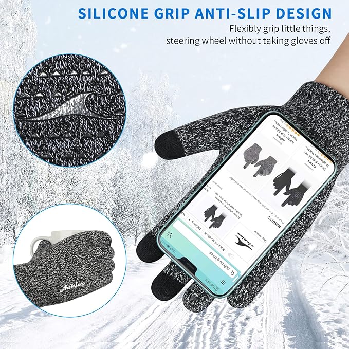 Achiou Winter Gloves for Men Women, Touch Screen Gloves, Upgraded Thicken Anti-Slip Silicone Gel, Thermal Soft Knit Lining