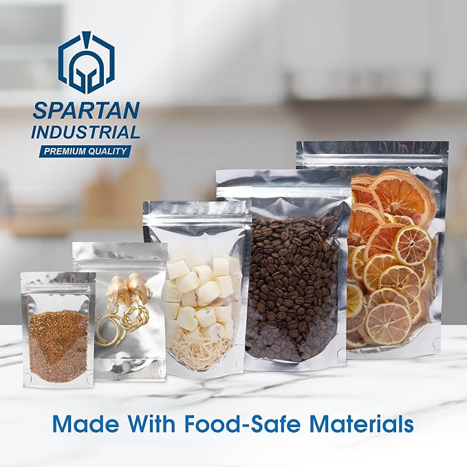 Spartan Industrial - 6" X 9" Aluminum Resealable Stand-Up Pouch Bags - Pack of 100 Smell-Proof Heat Seal Bags for Cookies, Candy Packaging, Bath Salts, and More