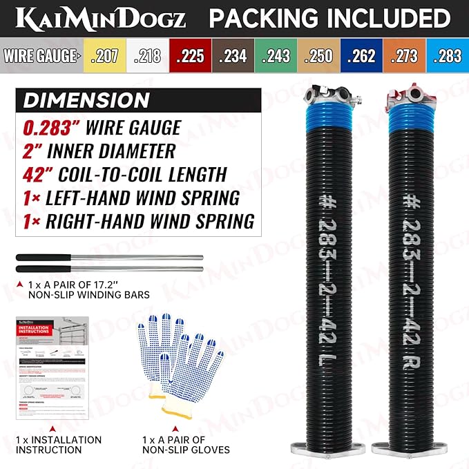 Pair of 2" Garage Door Torsion Springs Set with Non-Slip Winding Bar & Gloves,High Precision Electrophoresis Black Coated, for Replacement & Installation, MIN 16,000 Cycles (0.283x2''x42'')