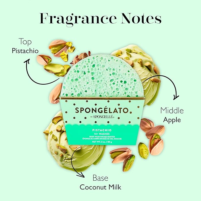 Spongelato Loofah Exfoliating Body Scrubber by Spongelle | Infused with Body Wash | Bath & Shower Loofah for Women | 14+ uses | Pistachio Gelato Inspired