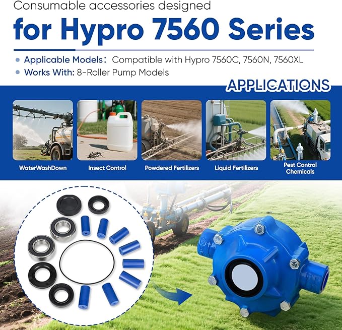 3430-0381 Super Roller Repair Kit Compatible with Hypro 7560 Series Pump 8-Roller Pump（7560C, 7560N, 7560XL）Includes 8 Super Rollers, 2 Fluoro Seals, 1 O-ring, 2 Bearings, 2 bearing Caps