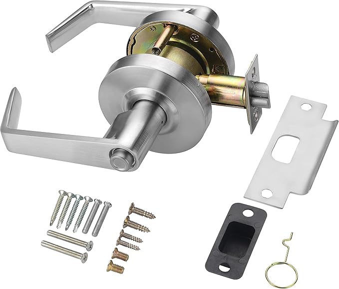 LYNN HARDWARE Commercial Door Lever Lock - Heavy-Duty Locking Door Handle, Designer Door Handles, Cylindrical Lever Lock, Non-Handed Grade 2 Door Handle, Satin Chrome, Privacy/Bathroom Function