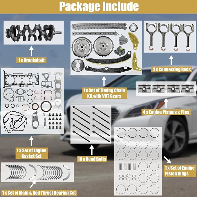 G4KJ 2.4L Engine Rebuild Overhaul Kit w/Crankshaft, Timing Chain Kit, Head Gasket Set & Pistons Fits for Kia Sportage; for Hyundai Sonata Santa Fe Sport Replace#23111-2G200 21020-25150 23040-2G510
