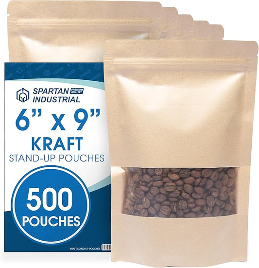 Spartan Industrial - 6" X 9" Kraft Zip Top Food Storage Bags - Pack of 500 Smell-Proof Resealable Pouches for Packaging Coffee, Tea, Spices, Snacks, and More