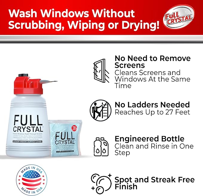 Full Crystal Window Cleaning Kit- 4 oz Glass Cleaner and Bottle with 27ft Reach will clean up to 20 Windows- Scrub Free, Rinse Free Glass Cleaner Spray Removes Dirt, Grime and Water Deposits