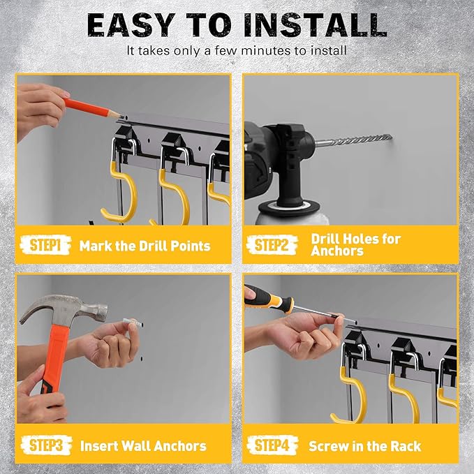 ELEAD 68'' All Metal Adjustable Garden Tool Organizer: Garage Tool Organizer Wall Mount with Yellow Hooks, Garage Organizers and Storage, Tool Hangers for Shed