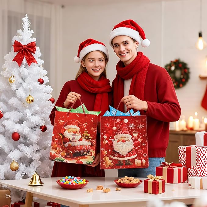 Rusikia 12 Christmas Gift Bags with 12 Tissues and 1 Satin Ribbon, Red Party Favor Bags Bulk with Handles, Glittery Cute Tree Balls Father Christmas Paper Bag for Wrapping, Present (Small 9"x7"x3")