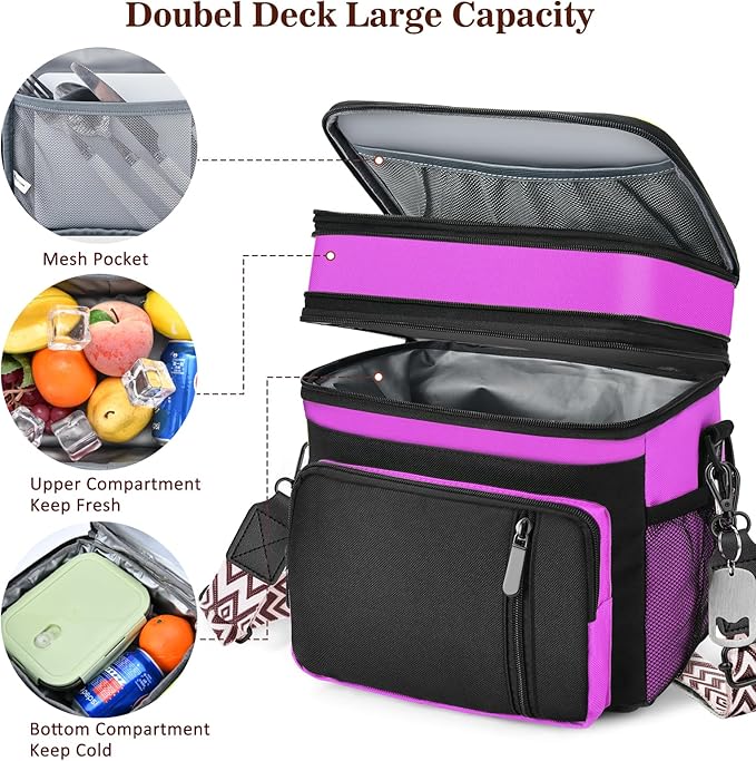 LOKASS Lunch Box for Women/Men-16L-Insulated Lunch Bag, Expandable Double-layer Leakproof Cooler Bag with Upgrade Adjustable Shoulder Strap Ideal for Work/Travel/Picnics（Hot Pink）