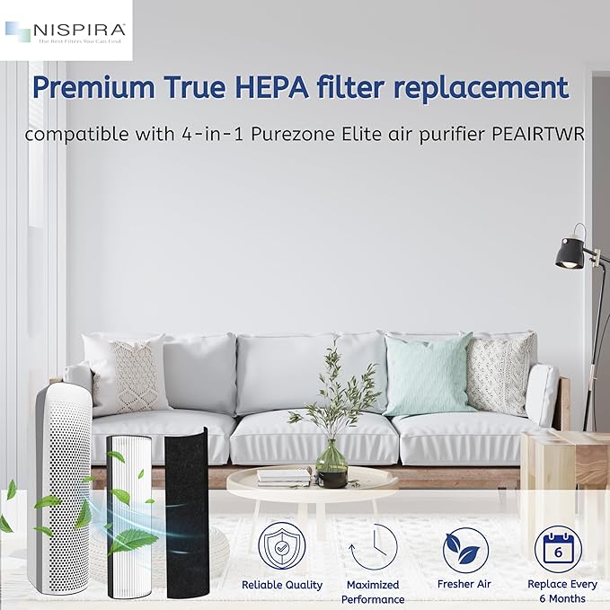Nispira 2-in-1 True HEPA Replacement Filter PETWRFIL For Pure Enrichment PureZone Elite 4-IN-1 Tower Air Purifier PEAIRTWR (HEPA + 1-PreFilter, 3 PK)