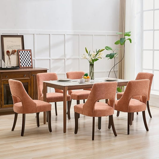 UVV Wooden Dining Chairs Set of 6, Mid Century Modern Upholstered Dining Room Chair Kitchen Chairs, Chenille Dinner Chair with Solid Wood Legs for Kitchen Dining Room, Orange-Chenille