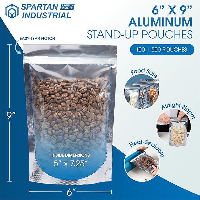 Spartan Industrial - 6" X 9" Aluminum Resealable Stand-Up Pouch Bags - Pack of 100 Smell-Proof Heat Seal Bags for Cookies, Candy Packaging, Bath Salts, and More