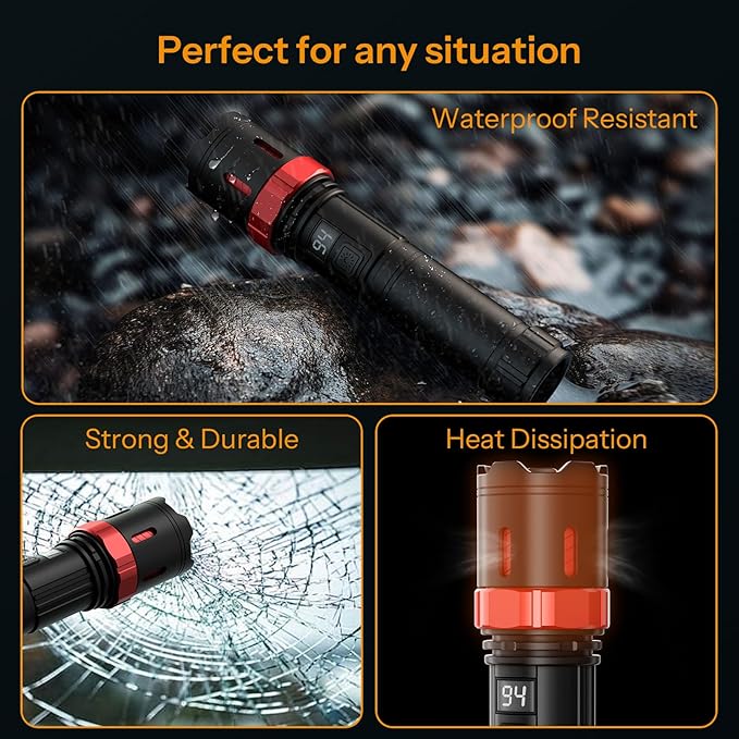 Rechrgeable EDC Flashlight, 99000 High Lumens Super Bright Flashlight, 5 Mode Flash Light with LED Display, Waterproof Powerful Handheld Light for Camping Hiking Emergency Home, 2pack