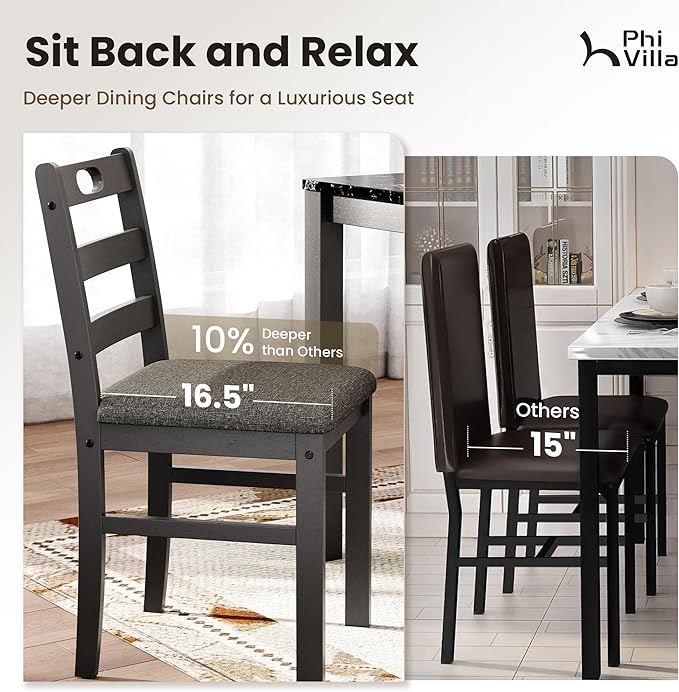 PHI VILLA Dining Table Set for 4, Modern Farmhouse Kitchen Table Set, Faux Marble Dining Table and 4 Cushioned Chairs, Solid Rubber Wood Dining Room Table Set, Veined Black Marble& Gray