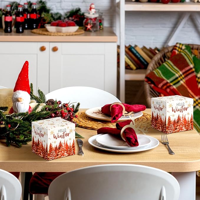 Bencailor 12 Pack Snowflake Facial Tissues Cube Boxes Winter Christmas Tree Square 600 Sheets 3 Ply Small Tissues Cube Boxes for Home Car Accessories(Red,Christmas Tree)