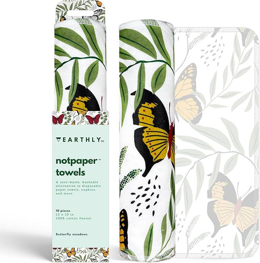 Reusable Paper Towels - 10 Pack - Roll of Washable Cotton Cloth Paper Towels - Paperless Reusable Napkins Cloth Washable - Absorbent + Long Lasting - Zero Waste Products - Butterfly
