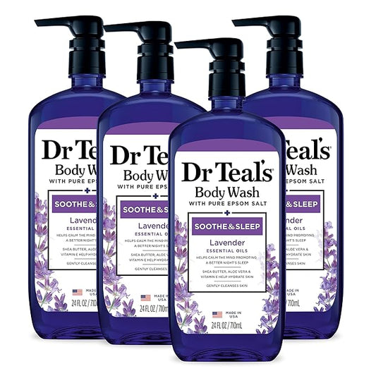 Dr Teal's Body Wash with Pure Epsom Salt, Soothe & Sleep with Lavender, 24 fl oz (Pack of 4)