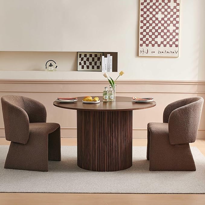 Dining Table Set for 2, 47" Circle Kitchen Table and Brown Upholstered Barrel Dining Room Chairs, Rustic Dinette Set, Engineered Wood Two-Part Tabletop with Walnut Finish