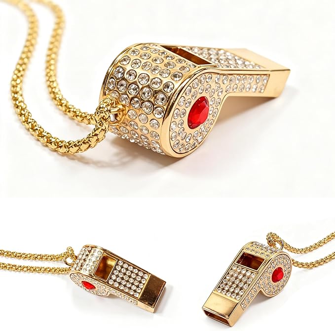 PCTC Shining Whistle,Crystal-Encrusted Metal Whistle with Decorative Chain Great for Referees, Coaches Party and Gift Accessory[Gold Exterior]