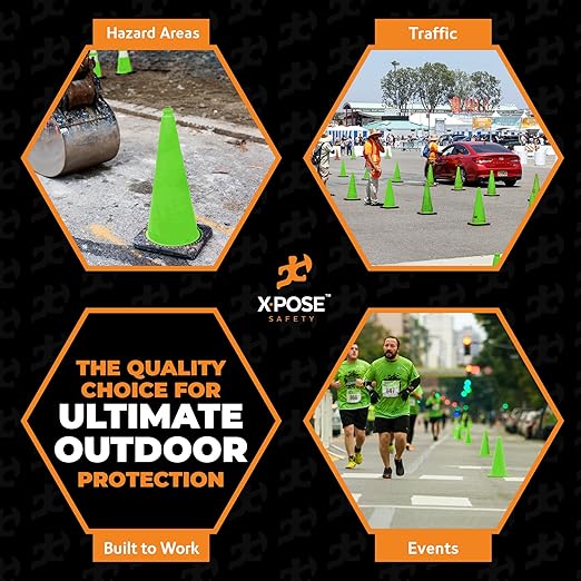 Xpose Safety 28” Lime Green Traffic Cone - 24 Pack - Premium PVC Safety Cone for Parking, Caution, Construction, Road Crews, Emergency Vehicle - DOT Approved