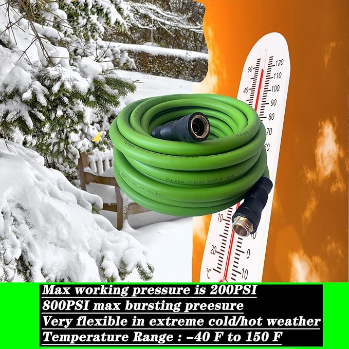 Garden Hose 5/8 in x 25 ft, Hybrid, No Kink, Heavy Duty, Lightweight, Flexible, Male Female Fittings, Handle & 3/4" GHT Solid Brass, 200 PSI (25FT, Green Black)