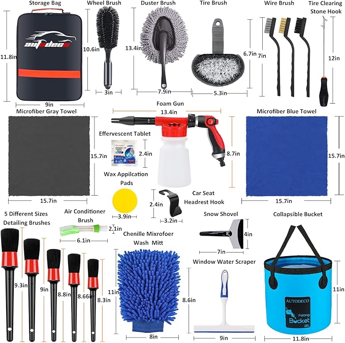 AUTODECO 35Pcs Car Wash Detailing Kit Cleaning Kits with Foam Gun Sprayer Collapsible Bucket Brush Large Wash Mitt Towels Complete Interior Exterior Car Washing Supply Set Blue