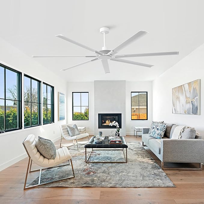Industrial Ceiling Fans with Remote Control, 100 Inch White DC Motor Ceiling Fans without Lights for Living Room Shop Garage Bedroom Indoor Outdoor, 6-Speed Reverse/Forward, Dimmable, 3CCT, Timer