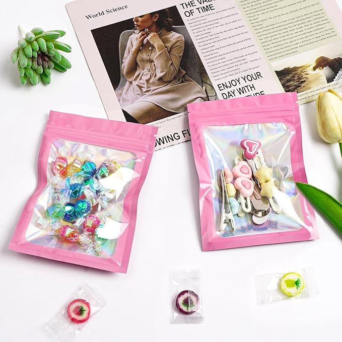 Funfery 300 Pack Smell Proof Resealable Bags for Food Storage,Holographic Bags 4x6 Pink Mylar Clear Packaging Bag- Scent Proof for Cookies, Zip Foil Pouch for Small Business