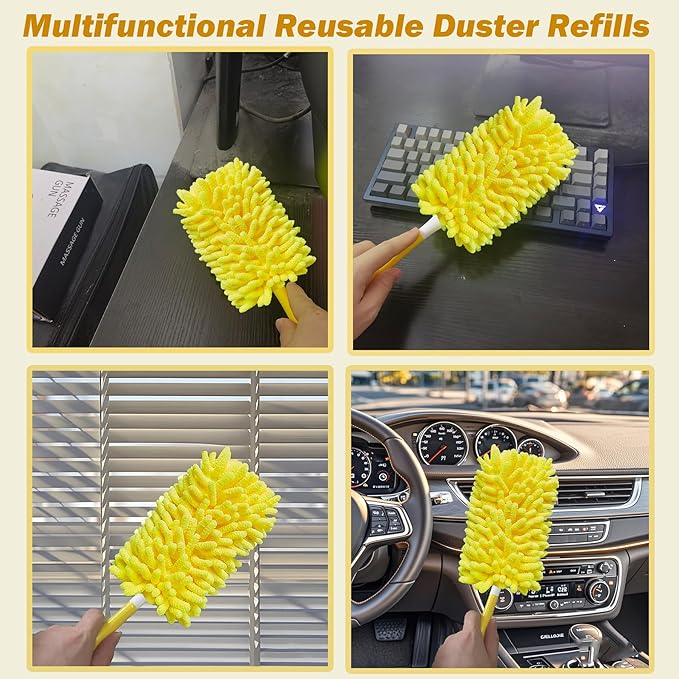 Reusable Duster for Swiffer, 4 Refills +1 Handle, 360 Heavy Duty Duster Refill Compatible with Swiffer Hand Dusters, for Dusting Furniture, Blinds, Ceiling Fans, Walls and More, Yellow