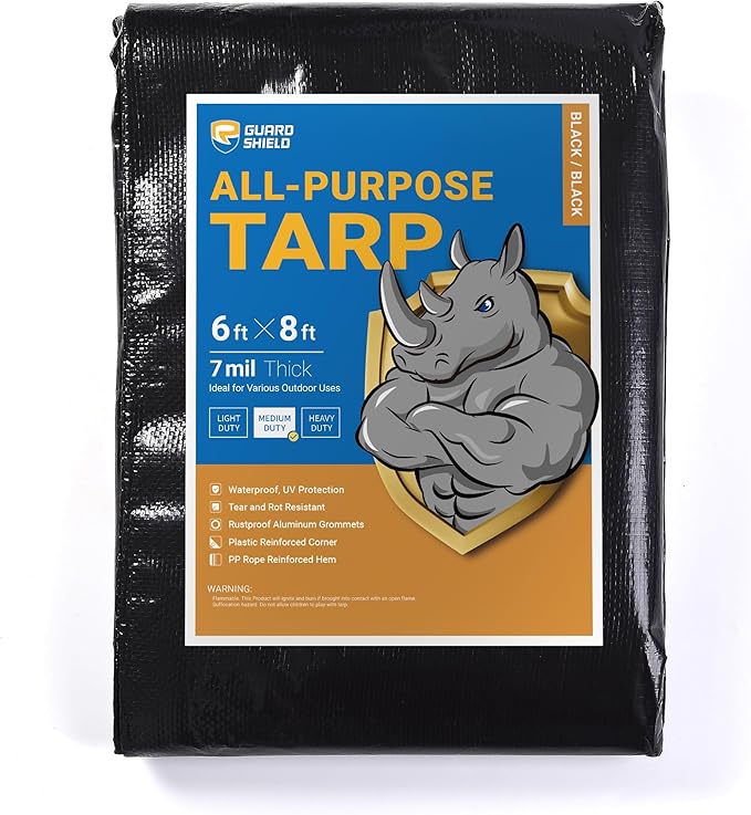 GUARD SHIELD Black Tarp Waterproof 6x8 Feet Medium Duty All Purpose Poly Tarps Cover 7mil