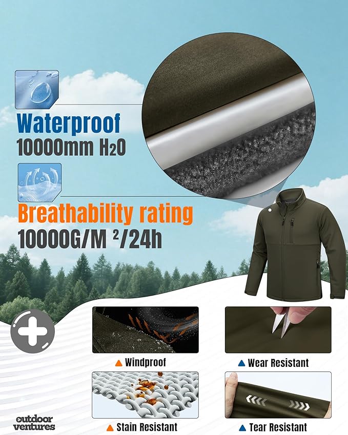 Outdoor Ventures Men's Softshell Jacket Waterproof Fleece Lined Rain Shell Jacket Lightweight Windbreaker for Hiking Travel