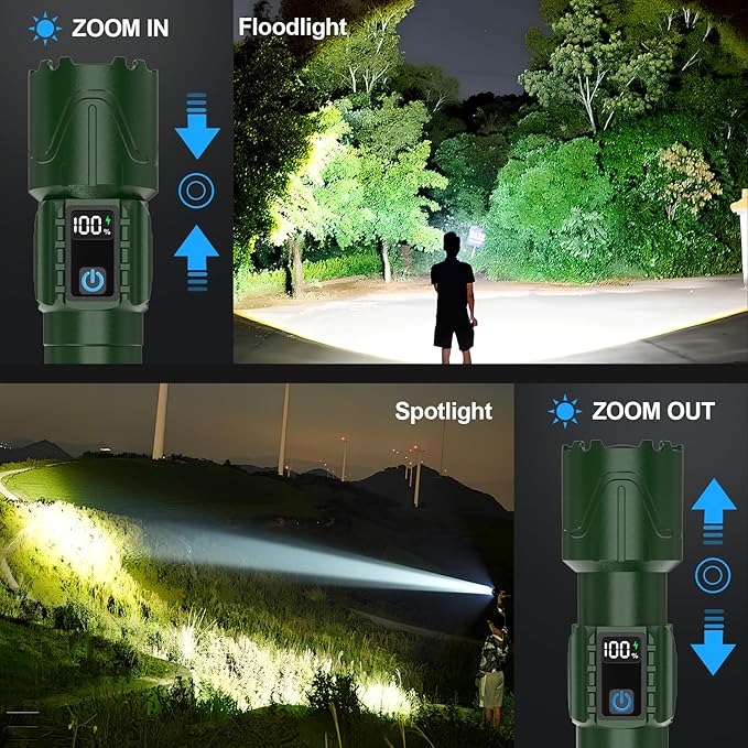 Banral Rechargeable Tactical Flashlights High Lumens - 5000mAh Super Bright LED Powerful Flash Light, Waterproof Handheld USB C Flashlight for Home,Car,Camping,Emergencies,5 Modes,Zoomable (1, Green)